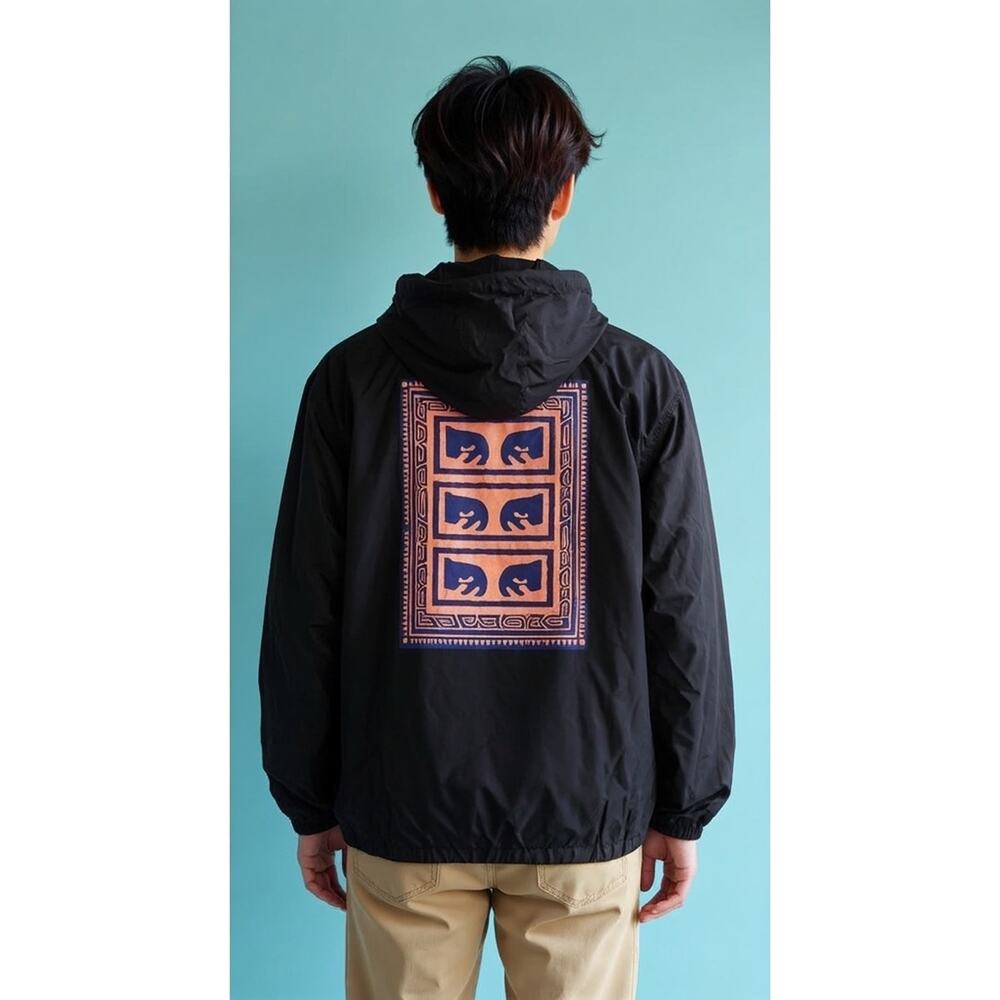 OBEY Worldwide Windbreaker Jacket Men's XS Black Hooded Snap Front Logo‎